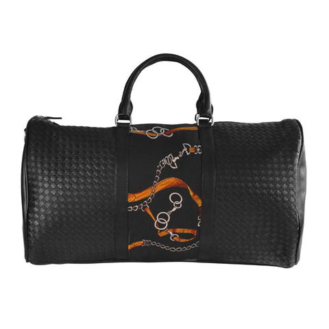 Huntley Equestrian Black Nappa woven leather duffle bag with silk printed fabric trim